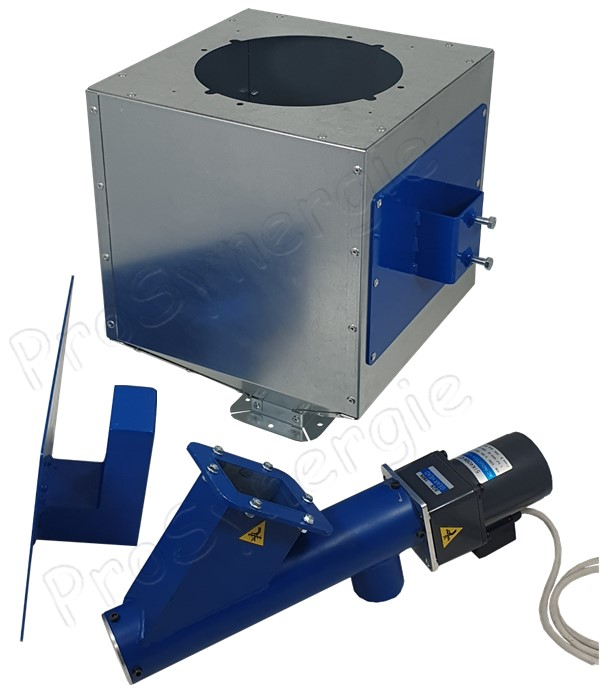 Feed Matic - Alimentateur à vis sans fin 230 Vac 450 W pour brûleur granulés (ou transfert) - débit jusqu´à 14g/sec. raccord Ø60mm avec entonnoir de 17Kg porte doseur (système pneumatique)