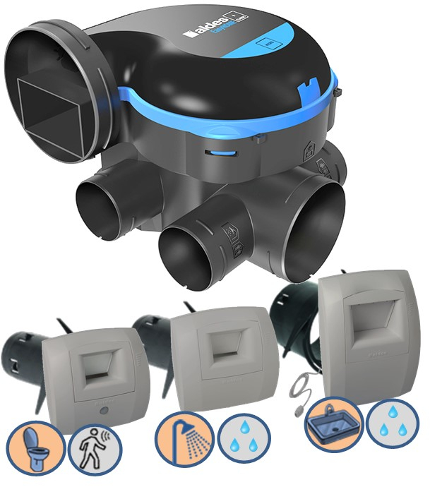 Kit VMC EasyHome Hygro Classic comprenant Moteur, Bouche cuisine cordelette, Salle de bain et WC
