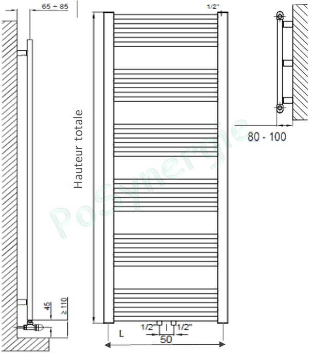 Mahana droit - Sèche serviette tubulaire (RAL 9016) chauffage central (racc. central) HxL = 1775x600mm - Puissance = 858W