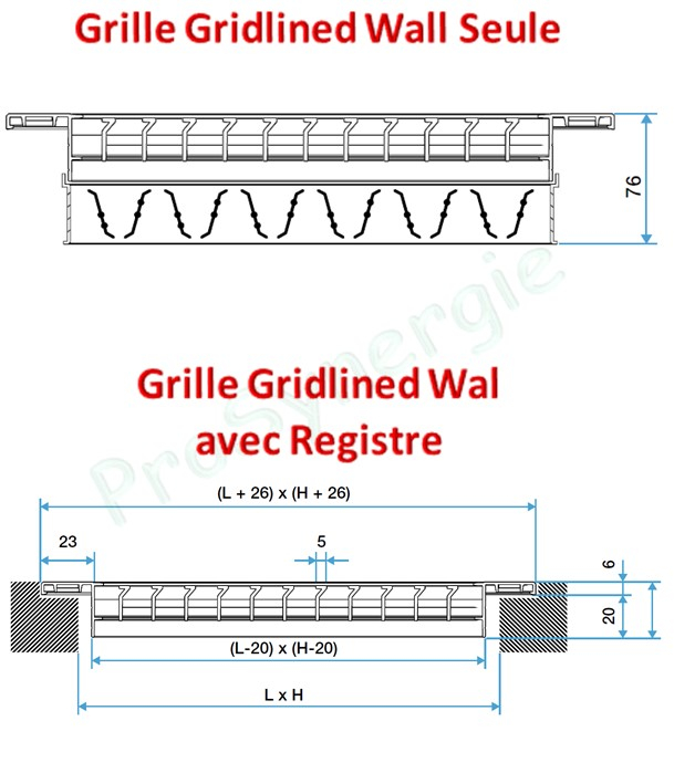 Grille simple déflection ailettes fixes horizontales (Série Gridlined Wall) -  600 x 150 mm - Finition Blanche