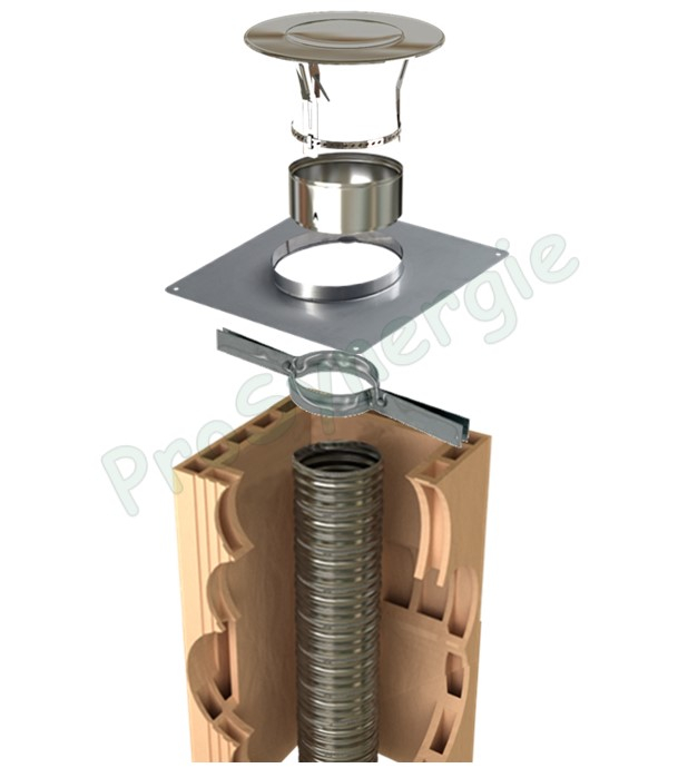 Kit accessoires (chapeau, plaque d´étancheité carrée, collier et raccord) raccordement latéral d´un Tubage Flexible Ø 125/131 mm