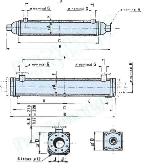 Echangeur Tubulaire ITEX FP B-8 (Débit 50 à 150m3/h) eau de piscine av. jaquette isolante - L x Ø =   892 x 280mm - Raccord. Øchauff/Piscine DN80 / DN125