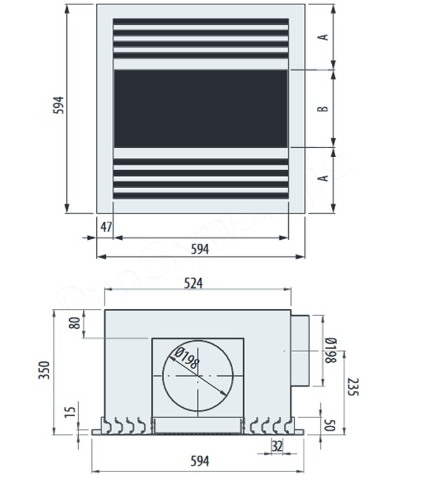 DPSR - Diffuseur-dalle (594x594) avec plénum intégré pour soufflage et reprise d´air combinés 2 directions, 4 fente(s), Plénum Isolé 5 faces (mousse polyéthylène 5 mm classe M1), piquages pour flexibles Ø200 mm, Hauteur 350 mm