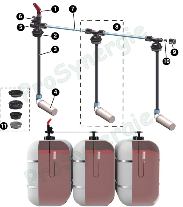 Ensemble d´extension (accouplement/batterie) d'aspiration fioul EUROFLEX, plongeur 2m avec floteur + adaptateurs G2 , M60x4, S75x6, Bride Ø68mm