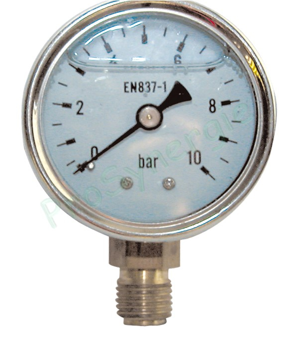Manomètre à raccordement radial Inox à bain de glycérine - Cadran Ø 50mm - Raccord M Ø 1/4´´ - 0 à 10 bars