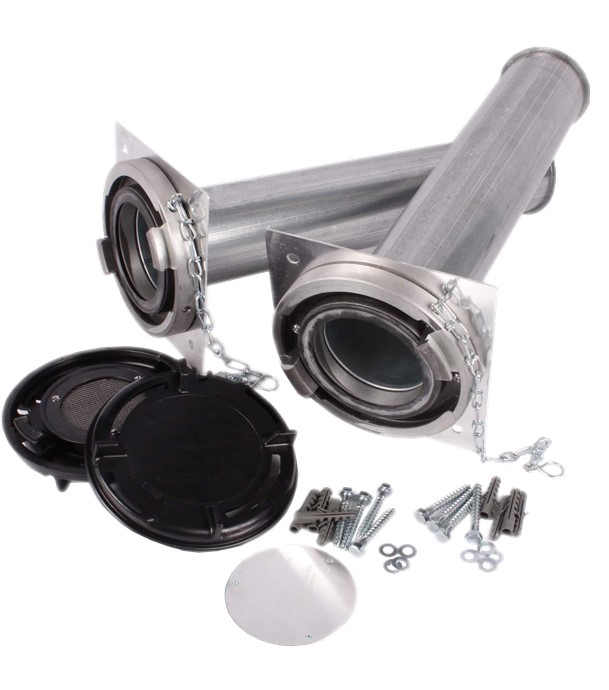 Kit remplissage granulé - 2 raccords Storz 4  avec bouchons et ventilation + plaques support et rallonges passage mural Ø x longueur = 100 x 500 mm