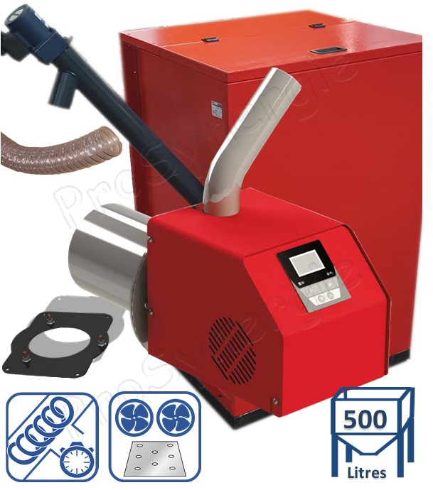 Kit Brûleur granulés ''Eco'' 55 KW (extension pour chaudière Burnit type WBS) + Vis d'alimentation 1.5 mètres et silo de stockage 500 litres