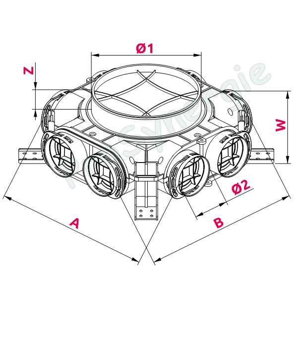 Caisson de répartition axe vertical, Ø160, 8 bouches Ø75 pour réseaux de ventilation rond type Optiflex
