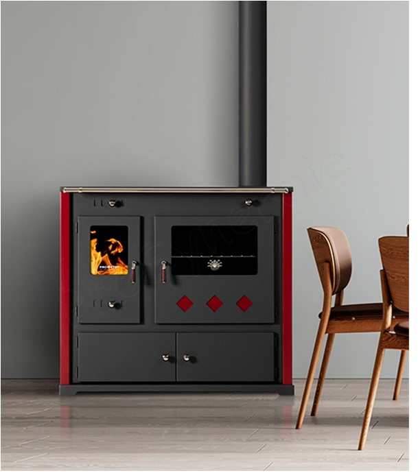 Practik Lux - Cuisinière à bois, ecodesign, classe A+, Puissance nominale 9,5 kW, Min/Max 7,5/12 kW, Rendement > 87%, LxPxH = 930x530x840, jaquette bordeaux, plateau de cuisson céramique