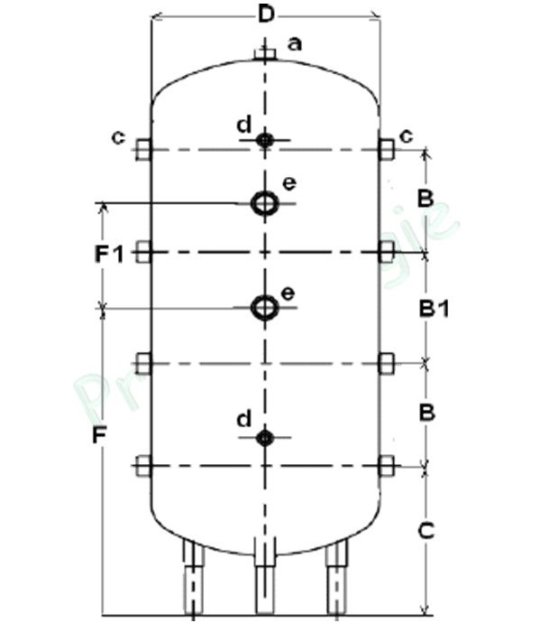 Bouteille sur pieds acier jaquette skaï (chauffage) 500 litres Isolation polyuréthane injectée ép.50mm classe ERP C - 8 piquages latéraux Ø2´´ (hors mesure emplacement résistance) - ØxH=750x1816mm