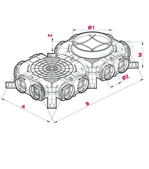 Caisson de répartition axe vertical, Ø160, 12 bouches Ø75 pour réseaux de ventilation rond type Optiflex