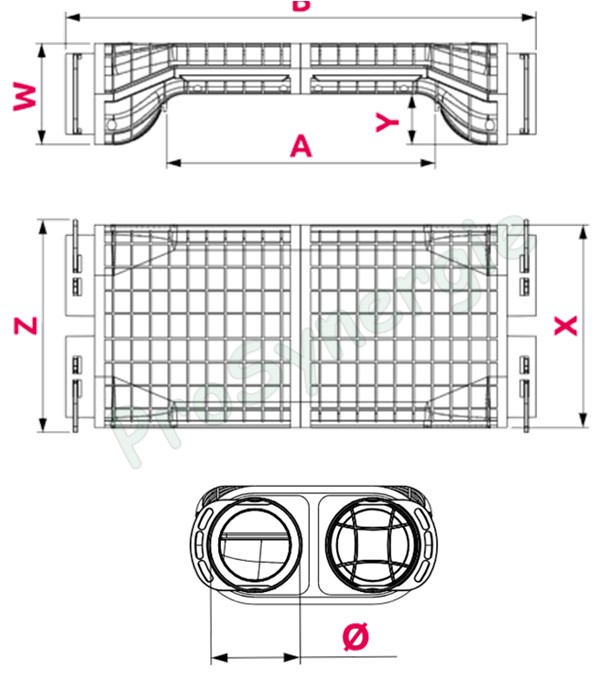 Boitier de croisement 50 mm épaisseur sur 27 cm pour réseaux de ventilation rond type Optiflex - 2 raccords Ø75 à chaque extrémité