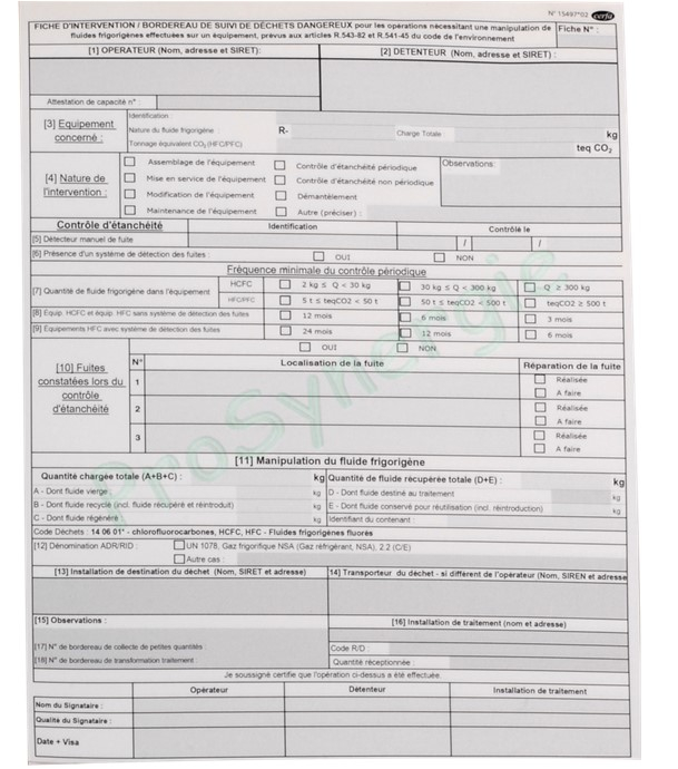Carnet de 50 Fiches d´intervention et maintenance sur installation clim (Cerfa 15497*03)