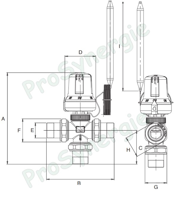 324 - Vanne de mélange relève de température (à piston) 3 voies + 3 raccords démontables ØM 1  + Tête thermostatique M30x1.5 T° 60 à 90°C