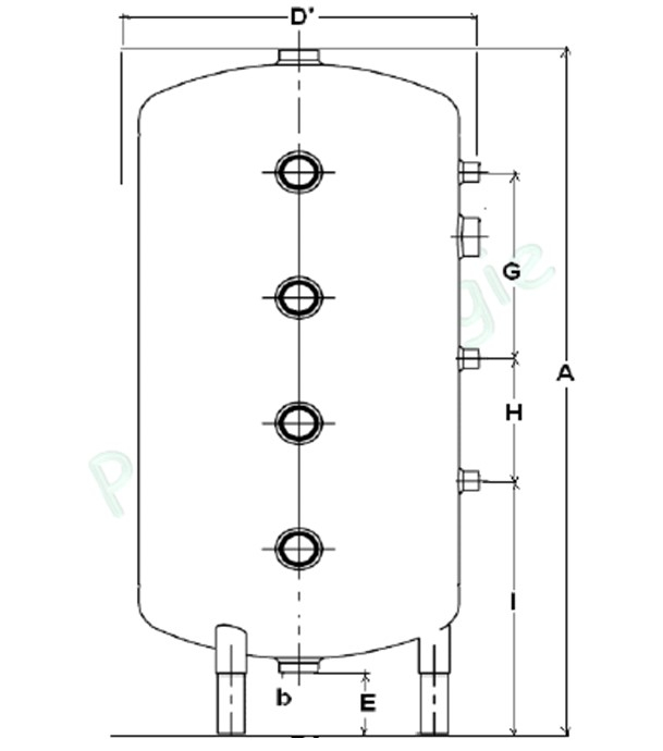 Bouteille sur pieds acier jaquette skaï (chauffage) 100 litres Isolation polyuréthane injectée ép.25mm classe ERP C - 8 piquages latéraux Ø1´´1/4 (hors mesure emplacement résistance) - ØxH=450x954mm
