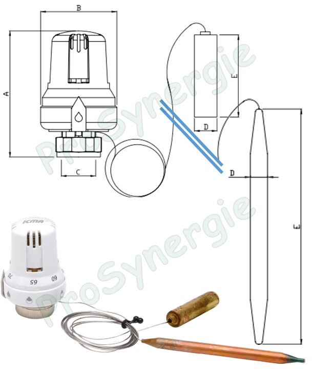 997 - Tête thermostatique blanche (Filetage M30x1.5) Température réglable 60 à 90°C- Bulbe longueur 157mm avec capilaire 2 mètres