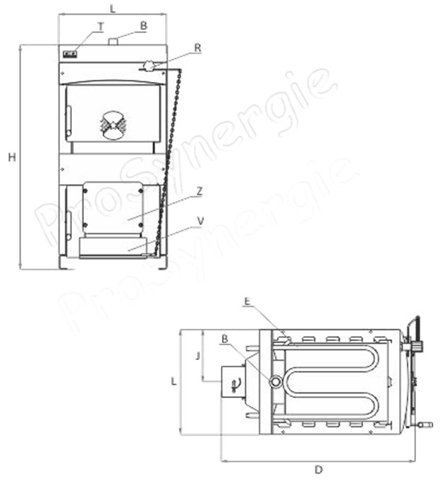 Chaudière Bois (buche L=50cm), Charbon/opt. brûleur WBS 30KW (HxLxP=1145x524x930mm) Ø fumée 150mm