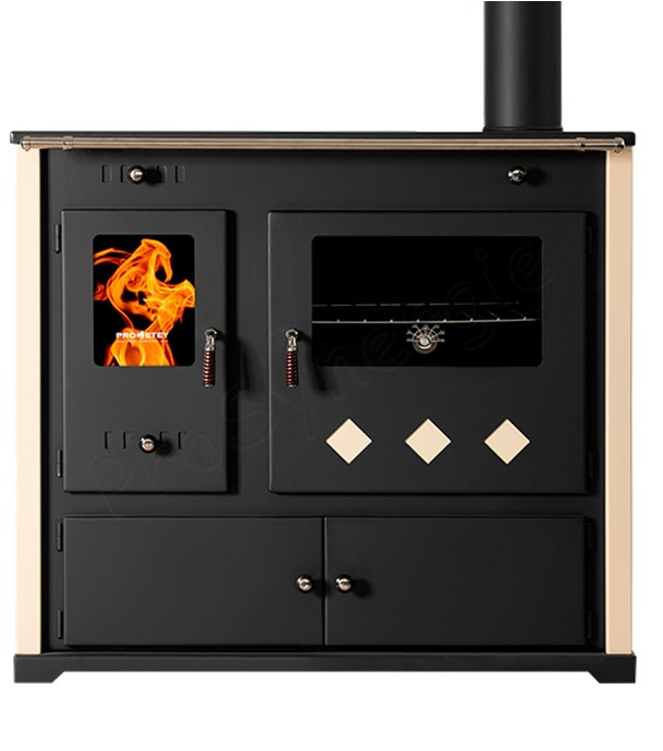 Practik Lux - Cuisinière à bois, ecodesign, classe A+, Puissance nominale 9,5 kW, Min/Max 7,5/12 kW,, Rendement > 87%, LxPxH = 930x530x840, jaquette Ivoire, plaques de cuisson  fonte