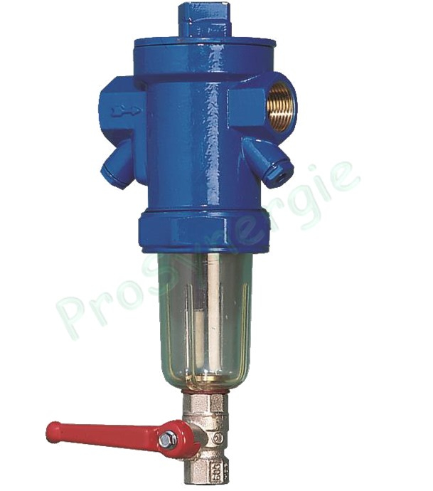 Collecteur de boue pot transparant capteur magnétique (+vanne purge et raccord mano) ØF3/4´´ (33/42mm) - pour circuits de chauffage