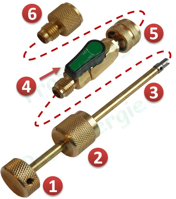 Outil démonte et remplace valve Schrader Raccord 1/4´´ et 5/16´´ SAE + Sortie 1/4´´ + Vacuemètre
