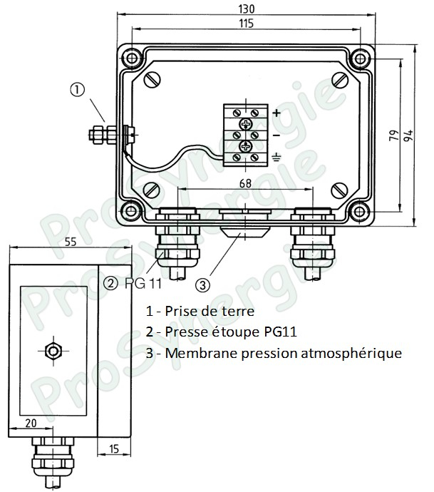 Boîte de jonction électrique avec mise à la la pression atmosphérique pour connection transmetteur de pression DMU 08