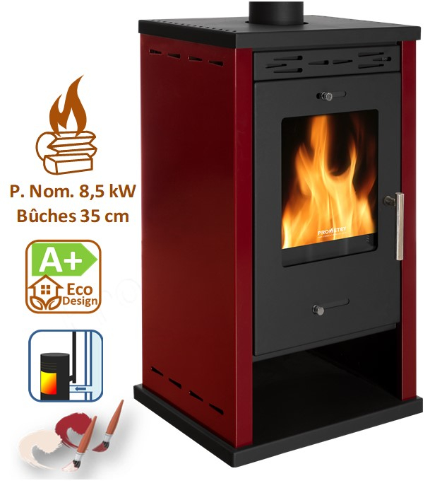 Eko3 - Poêle à bois ecodesign, classe A+, 12 kW, rendement > 82%, LxPxH = 530x440x890, jaquette bordeaux