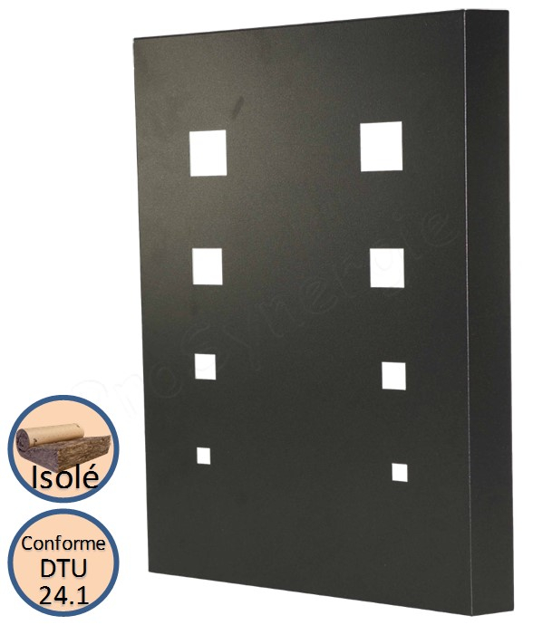 Plaque murale de protection (arrière du poêle) laqué noir (RAL 2100 sable) avec motifs carrés largeur x hauteur = 860 x 1200 mm - isolée en laine de roche avec lame d´air