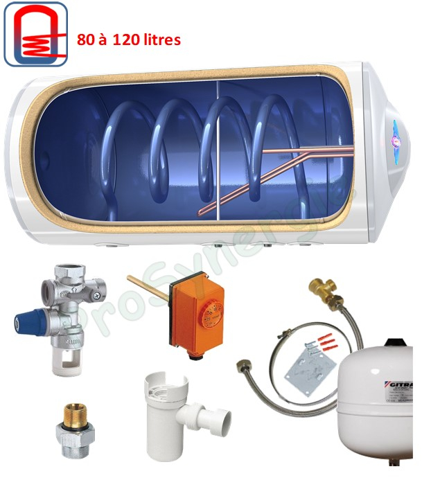 Chauffe eau sanitaire mixte Horizontal Mural 80 litres (résistance électrique blindé 230V + échangeur chauffage) + kit accessoires (vase sanitaire 5 litres, groupe de sécurité, régulation et fixation)