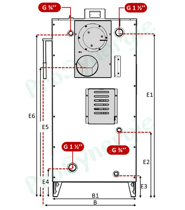 Chaudière bois (bûches 50 cm) à gazéification (combustion inversée) classe 5 LCG 32 kW, (haut rendement 93 %) HxLxP= 1468x590x1188mm Contrôleur de combustion + extracteur de fumée et raccordement Ø150mm