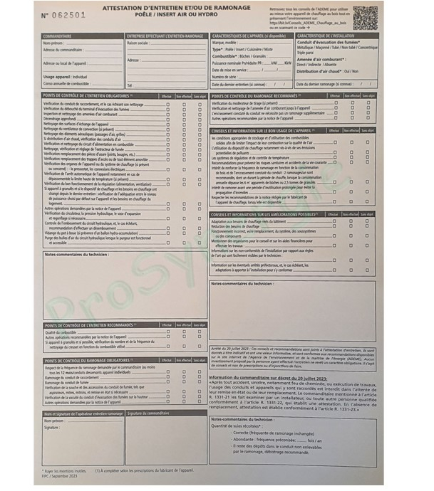 Carnet d'attestation d'entretien et/ou de ramonage poêle, chaudière ou insert air hydro bois bûche et granulé
