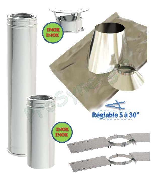 Kit S/Rampant - Conduit cheminée Isolé (Duoten) hauteur utile 1,445 mètres Int./Ext. = Inox 304 / (I 304 ou Galva) - Øint/ext 100/150mm
