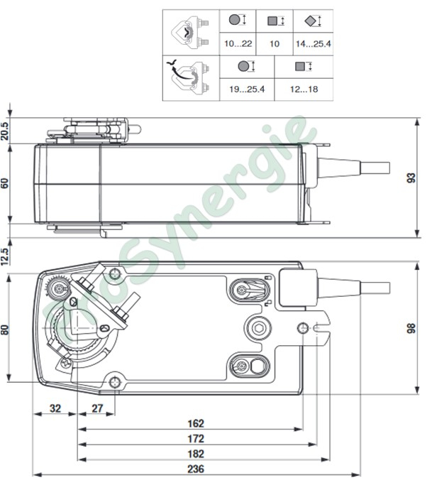 Servomoteurs pour clapet et registre NFA24-S2 (2 contacts axiliaires) 24V (AC/DC) - Tout ou Rien avec retour par ressort - 10Nm (section <2m²)