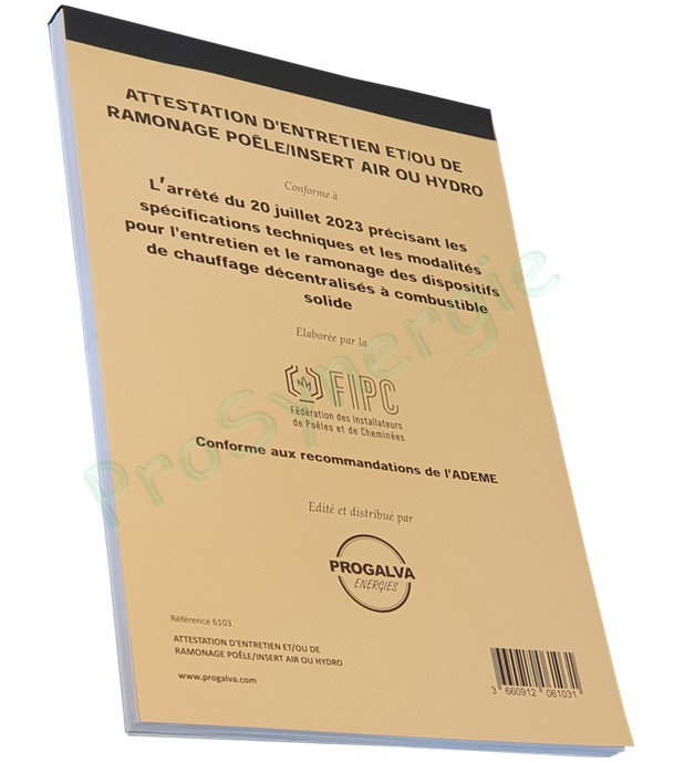 Carnet d'attestation d'entretien et/ou de ramonage poêle, chaudière ou insert air hydro bois bûche et granulé