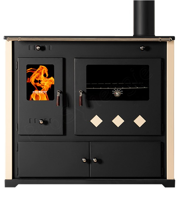 Practik Lux - Cuisinière à bois, ecodesign, classe A+, Puissance nominale 9,5 kW, Min/Max 7,5/12 kW, Rendement > 87%, LxPxH = 930x530x840, jaquette Ivoire, plateau de cuisson céramique