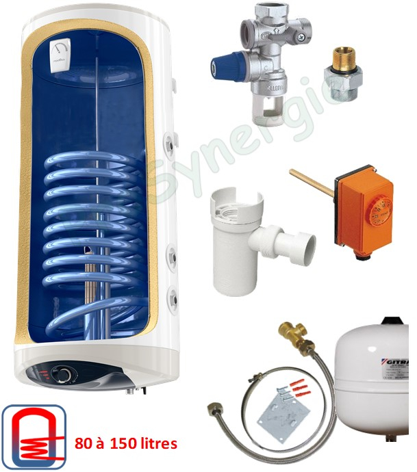 Chauffe eau sanitaire mixte Vertical Mural 80 litres (résistance électrique stéatite 230V (haute protection) + échangeur chauffage) + kit accessoires (vase sanitaire 5 litres, groupe de sécurité, régulation et fixation)