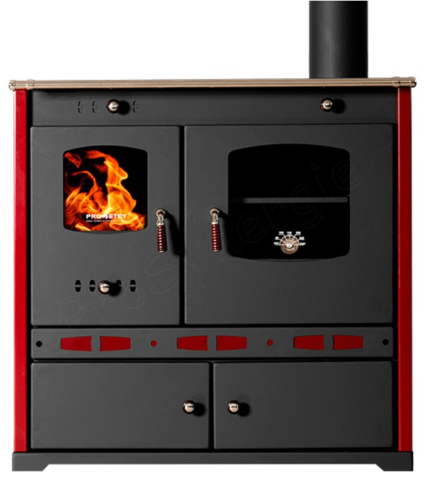 Perfect Eko Lux - Cuisinière à bois, ecodesign, classe A+, puissance nominale 7,4 kW, Min/Max 6/10 kW, Rendement 83,63%, LxPxH = 850x500x780, plaque de cuisson acier, jaquette Bordeaux, Ø conduit de fumées 130 mm