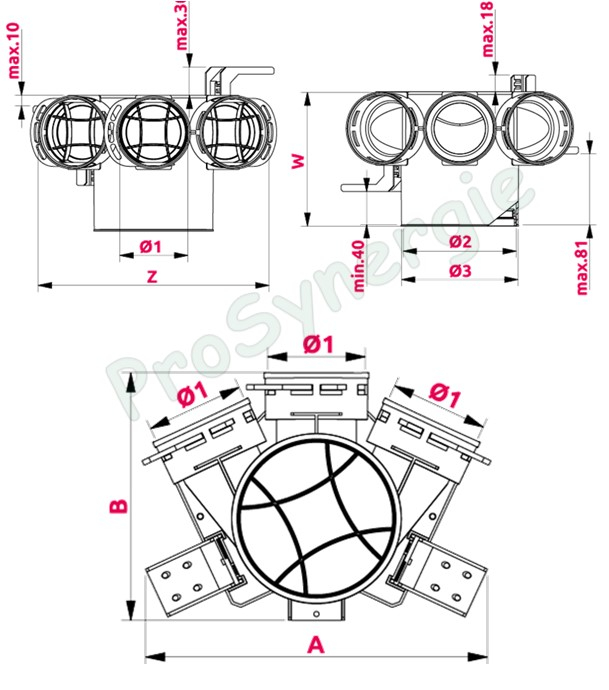 Manchette coudée de répartition, Ø125, 3 bouches Ø75 pour réseaux de ventilation rond type Optiflex, avec fixation