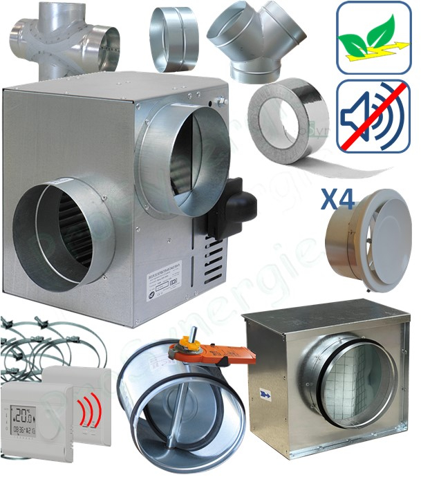 kit récupérateur d'air chaud Emeraude basse consommation, 4 bouches (débit  jusqu´à 400m³/h - 3 à 5 bouches), Avec filtration, Avec registre clapet radiocommandé