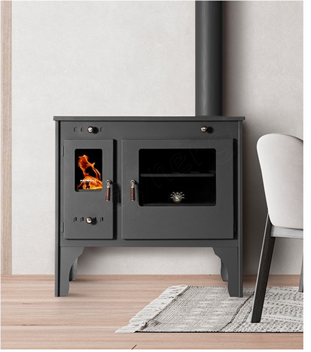 Retro Eko - Cuisinière à bois, ecodesign, classe A+, puissance nominale 7 kW, Min/Max 5,5/9,5 kW, Rendement > 83,63%, LxPxH = 810x460x770, plaque de cuisson acier, Ø conduit de fumées 130 mm