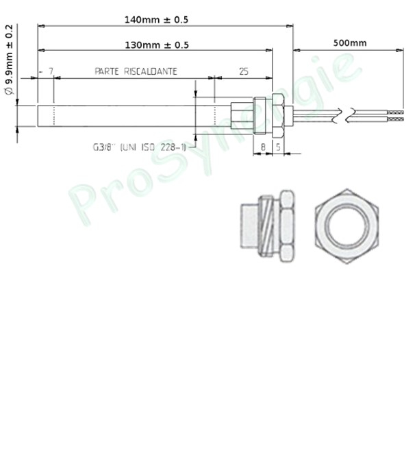 Bougie résistance d'allumage pour poêle à granulés 300W 230V ØM3/8´´ Longueur 140mm (utile 130mm)