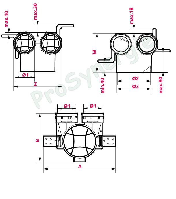 Manchette coudée de répartition, Ø125, 2 bouches Ø75 pour réseaux de ventilation rond type Optiflex, avec fixation