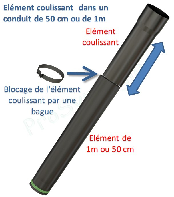Tuyau de poêle coulissant (dans autre tuyau rétreint +bague blocage & joint viton) acier 1mm émaillé noir mat Ø 80mm longueur 50cm (de 6 à 36cm utile)
