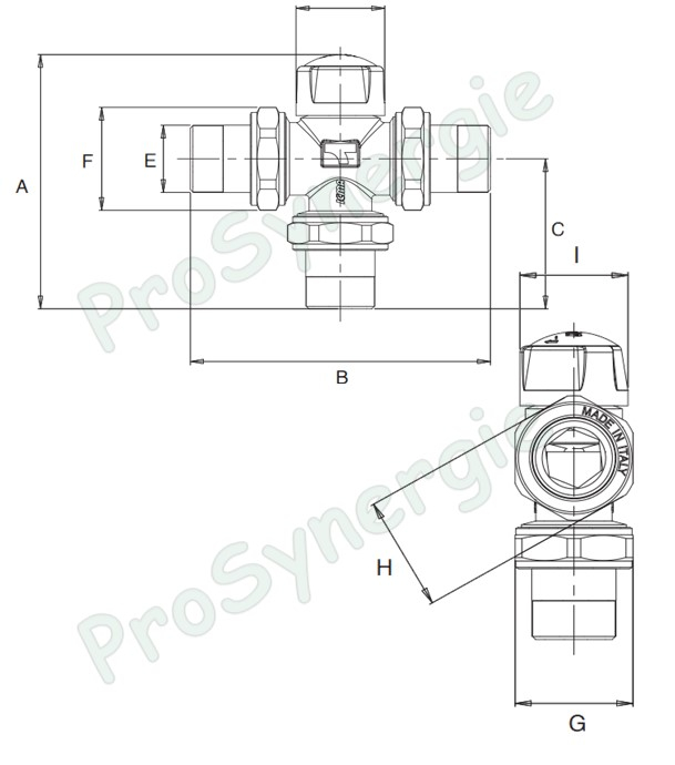 301 - Vanne de mélange relève de température (à piston) 3 voies + 3 raccords démontables ØM 1