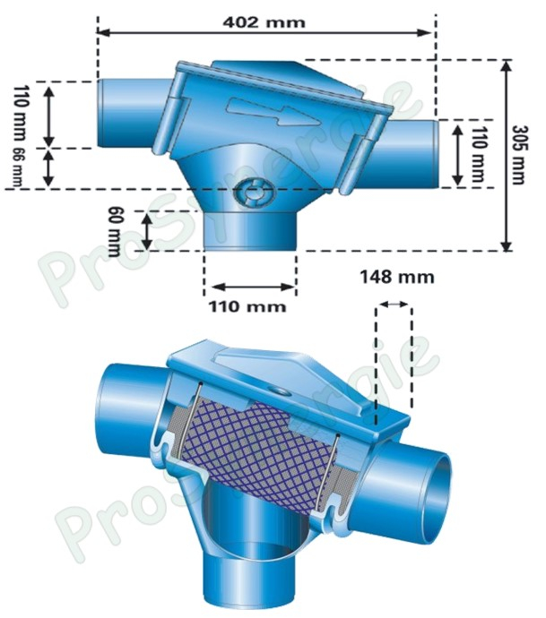 Filtre d´eau de pluie pour chute de gouttière 3P Patronen toiture jusqu'à 213 m² (6,4l/sec maxi.) Øint./ext. 100/110mm couleur bleu