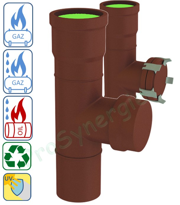Té vertical avec tampon de visite pour conduit de fumées rigide Technaflon PVDF avec joint viton, Ø 75 à 250 mm