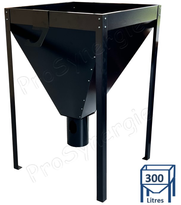 Silo granulés Noir 300 litres (environ 210 Kg) acier galvanisé sur pieds avec crochet de vis et pot de raccordement orientable - HxLxP = 1296x818x821mm