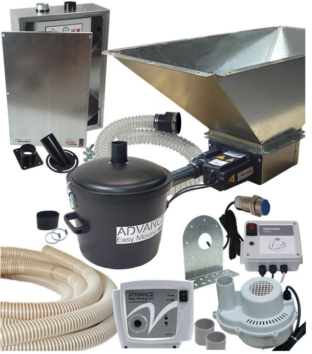 Kit Pod' 90+ Confort - Transfert pneumatique (granulé / pellet) cassette auto débourage + trémie 90 litres, aspirateur, doseur encastrable, capteur niveau, contrôleur + coffret protection moteur et pot à poussière