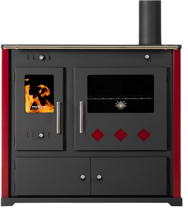 Practik Lux - Cuisinière à bois, ecodesign, classe A+, Puissance nominale 9,5 kW, Min/Max 7,5/12 kW, Rendement > 87%, LxPxH = 930x530x840, jaquette bordeaux, plateau de cuisson céramique