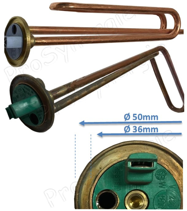 Résistance blindé en L thermoplongée embrochable 2000 Watts 230V pour chauffe eau horizntal Longueur 270mm avec filetage Ø M6 pour anode