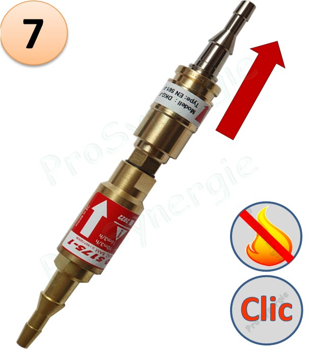 Raccord anti-retour pare flamme SafeGuard 2 + Raccord rapide Stoptac - Montage Tuyau - Gaz combustible - Entrée Tuyau 6-10 - Sortie Tuyau 6-10